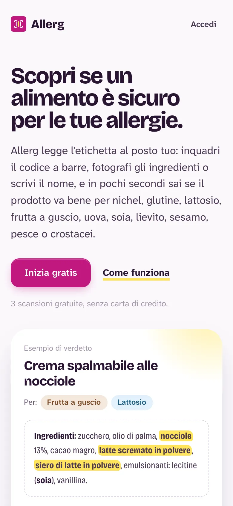 Allerg on a phone: the home page with the headline “Scopri se un alimento è sicuro per le tue allergie” and an example verdict on a hazelnut spread.