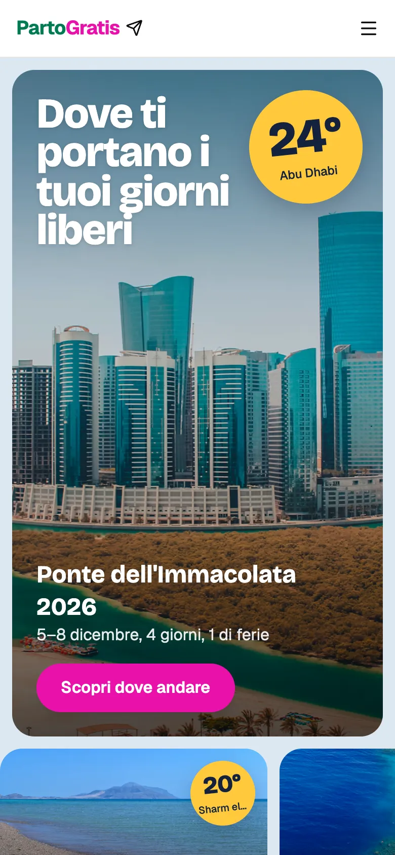 PartoGratis on a phone: “Dove ti portano i tuoi giorni liberi” over a photo of Abu Dhabi, 24 degrees, for the Immacolata long weekend.